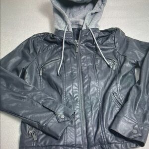 Women’s Black Faux Leather Hooded Jacket with Contrast Gray Hood